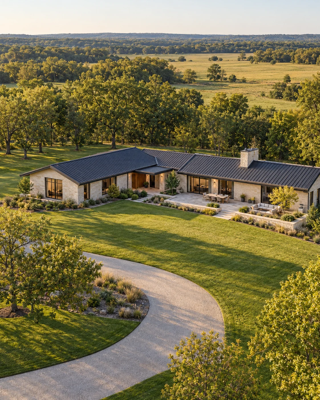 Illustrative aerial real estate view of a contemporary residence